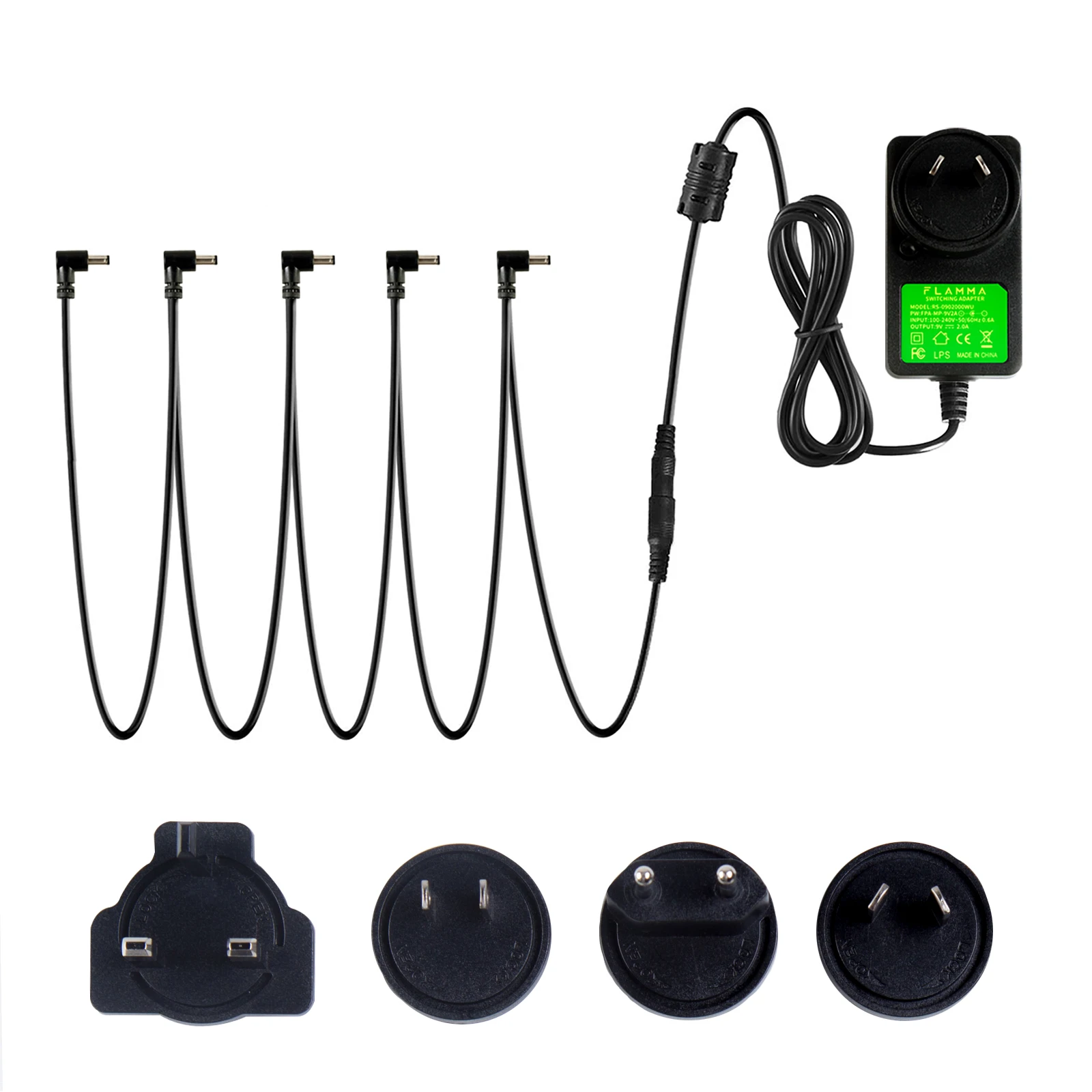 Adaptador de Alimentação Flamma Guitarra Pedal 2a Ponta Negativo 5 Vias Cabos Daisy Fio Corrente 9v dc