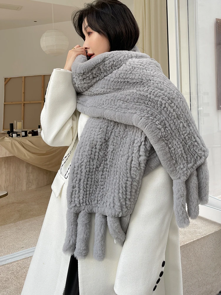 Women's Real Rex Rabbit Fur Scarf with Tassel Winter Warm Knitted Cape Long Wraps for Female |