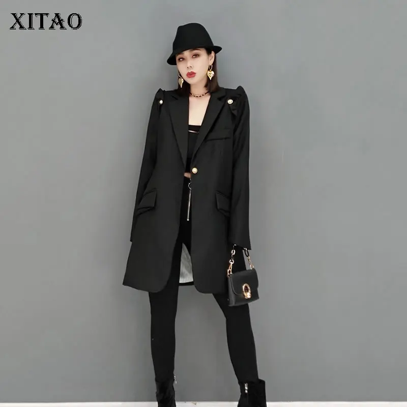 

XITAO, новинка, Женский блейзер, свободное, модное, длинное, индивидуальное, черное пальто, 2021, Осень-зима, темперамент, Повседневный, универсал...