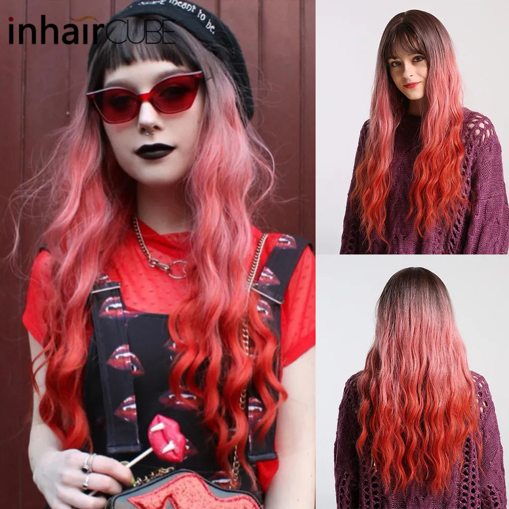 Inhair Cube женский парик темно-коричневый корень Омбре Красный Длинные волнистые термостойкие синтетические волосы парики для женщин использование и косплей бесплатные подарки