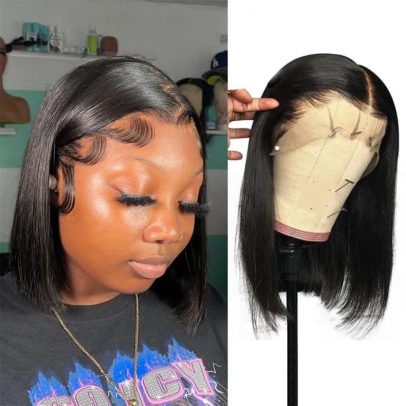 

13x6x1 Bob Straight Lace Front Human Hair Wigs For Black Women 10inch brazilian hair Pre Plucked with Elastic Bands Natural Hair