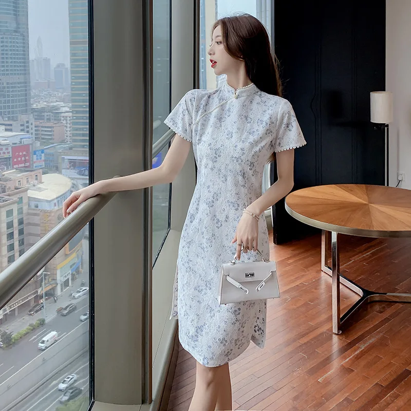 

2021 Summer New Lace Cheongsam Short Sleeve Thin Dress Women