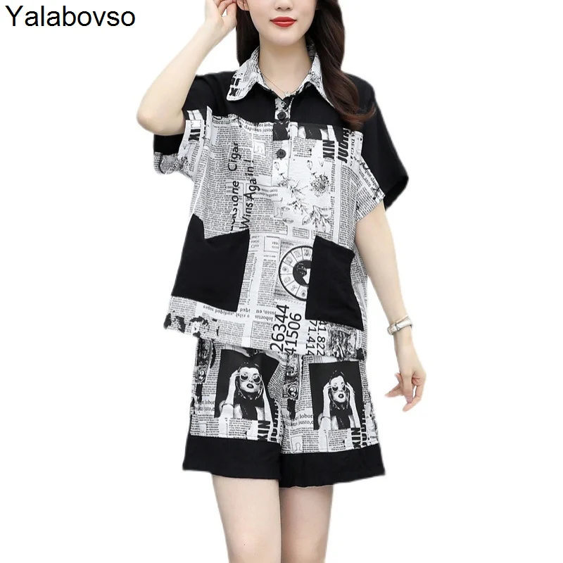 

Summer New Letter Printed Short Sleeve Shorts Suit Large Women's Casual Two Piece Suits For Lady Elastic Waist Loose Clothes
