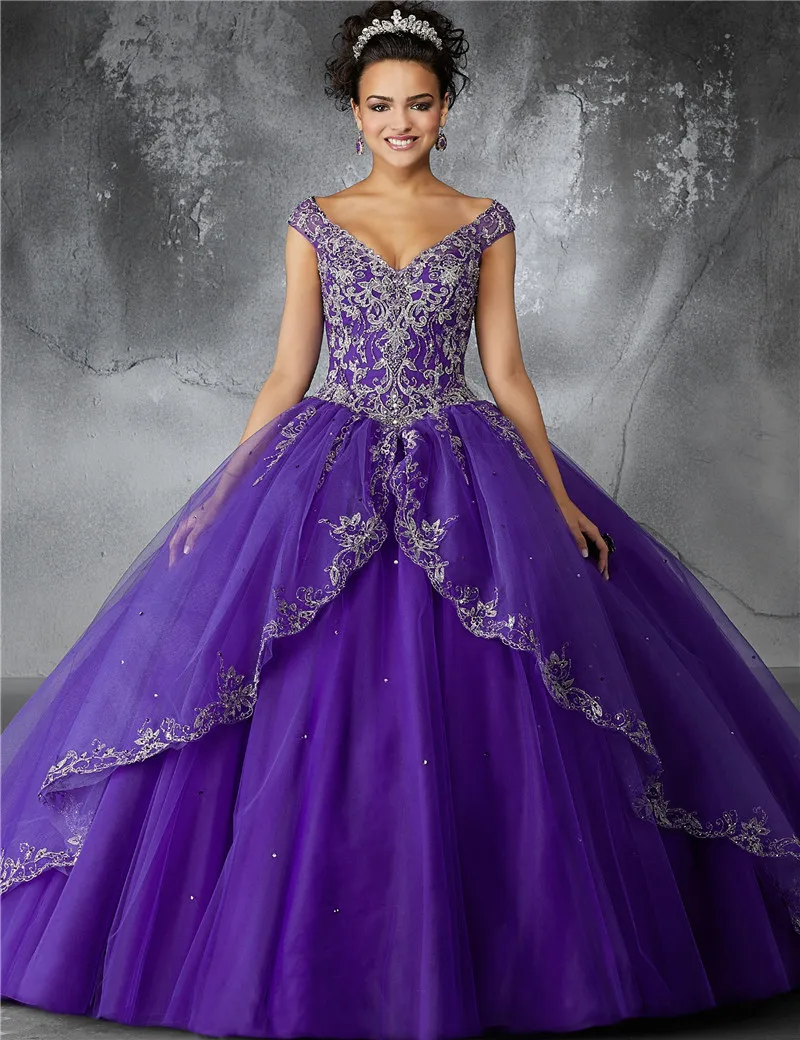 

Cap Sleeve Quinceanera Dresses Purple Puffy Ball Gown Sweet 16 Dress