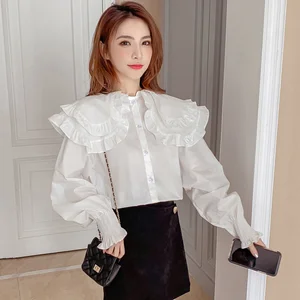 Женская блузка в стиле Лолиты Kawaii, весенне-осенняя однобортная белая рубашка с длинным рукавом и отложным воротником