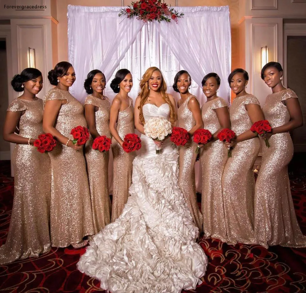 2019 Rose Gold Sequined Bridesmaid Dress Mermaid Long Country Garden Formal Party Guest Maid of Honor Gown Plus Size Custom Made | Свадьбы и