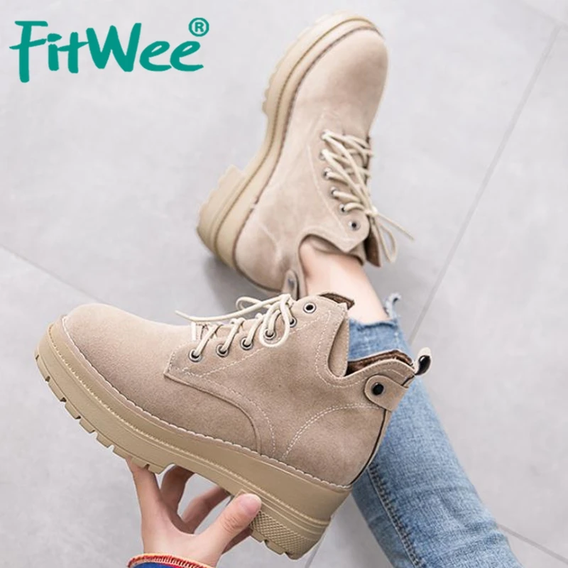 Женские ботильоны на танкетке FITWEE повседневные Теплые меху со шнуровкой Размеры