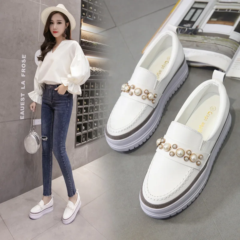 autumn women flat platform shoes new preppy style pearl sewing creeper muffins lazy microfiber slip on anti-skid loafers female | Обувь