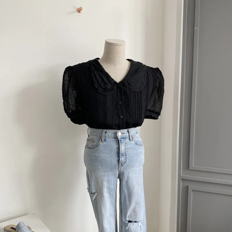 

HziriP Hot Gentle All-Match Solid Color Doll Collar Single-Breasted Shirt Women 2021 Summer Gentle Fashion Short Sleeve Shirt