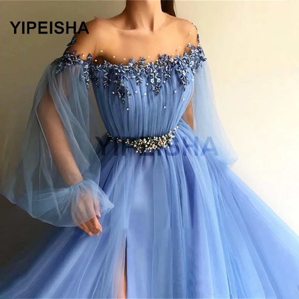 

Blue Off The Shoulder Evening Dresses Puff Long Sleeves Appliques Beaded Tulle Split Side Prom Gowns