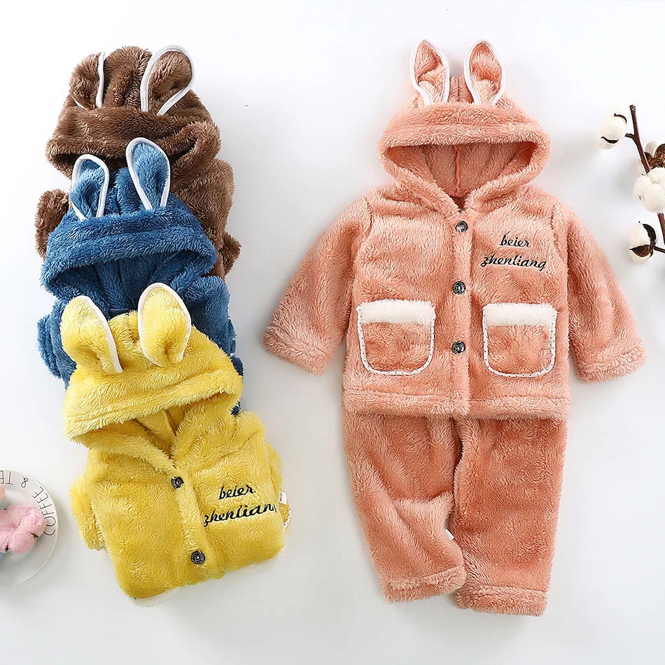 Pijama de franela para bebés y niños, conjunto de ropa de dormir cálida con capucha y manga larga, ropa de invierno