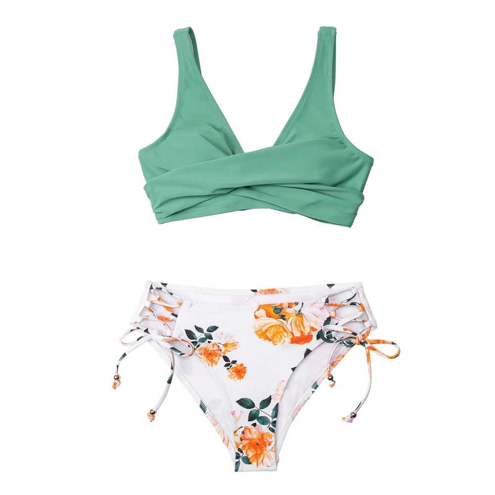 

Yellow And Lemon Print Mid-Waist Bikini Sets Swimsuit Women Sexy Lace Up Two Pieces Swimwear 2021 New Beach Bathing Suits