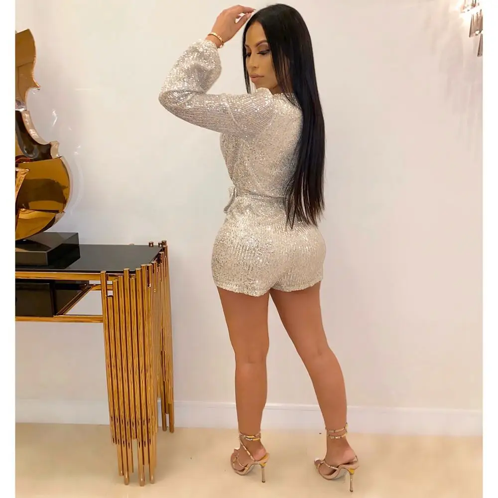 Модные блестящие тканевые комбинезоны с длинным рукавом женские сексуальные