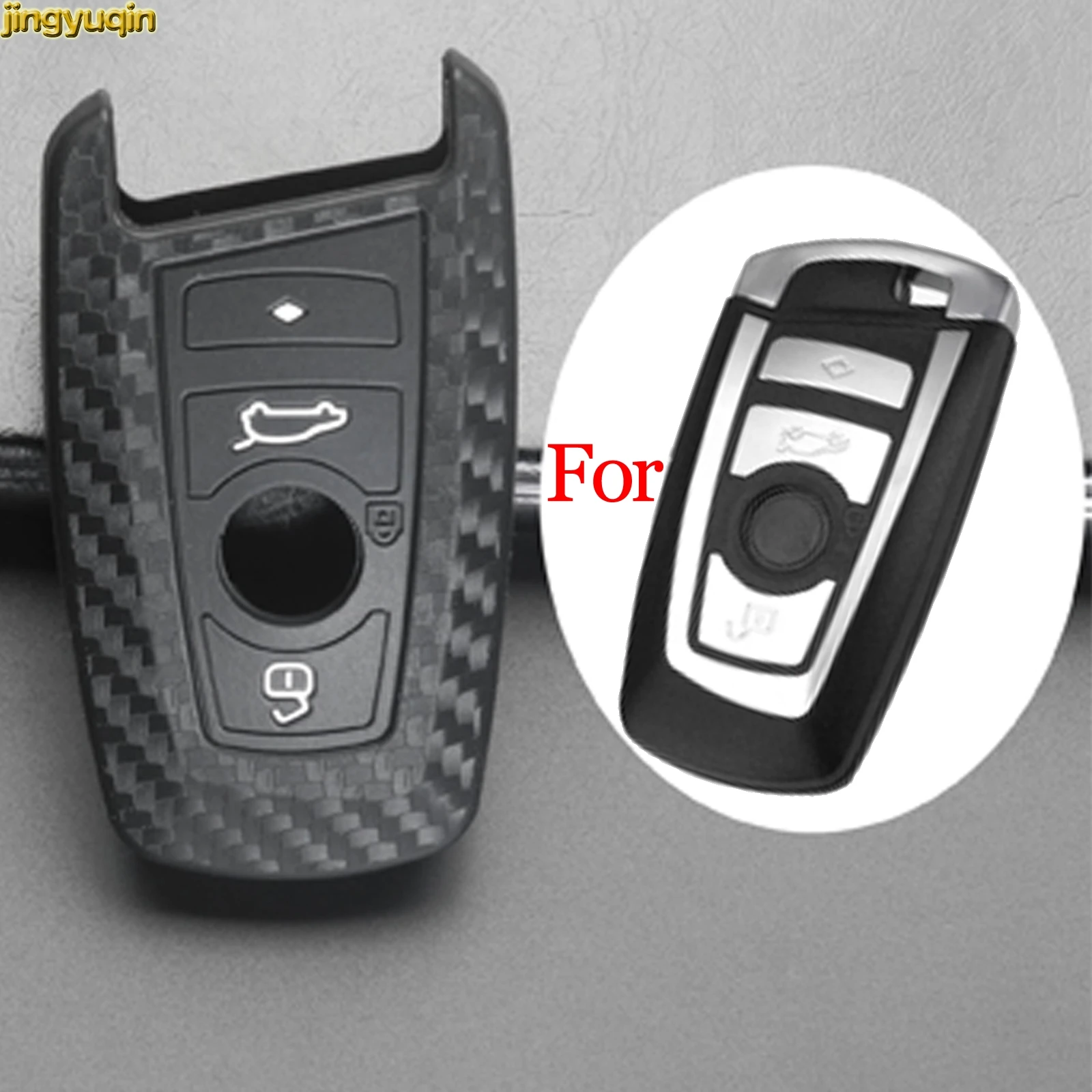

jingyuqin Smart Remote Car Key Case Cover Silicone + Carbon Fiber For BMW 1 3 5 6 7 Series X3 X4 3 Buttons