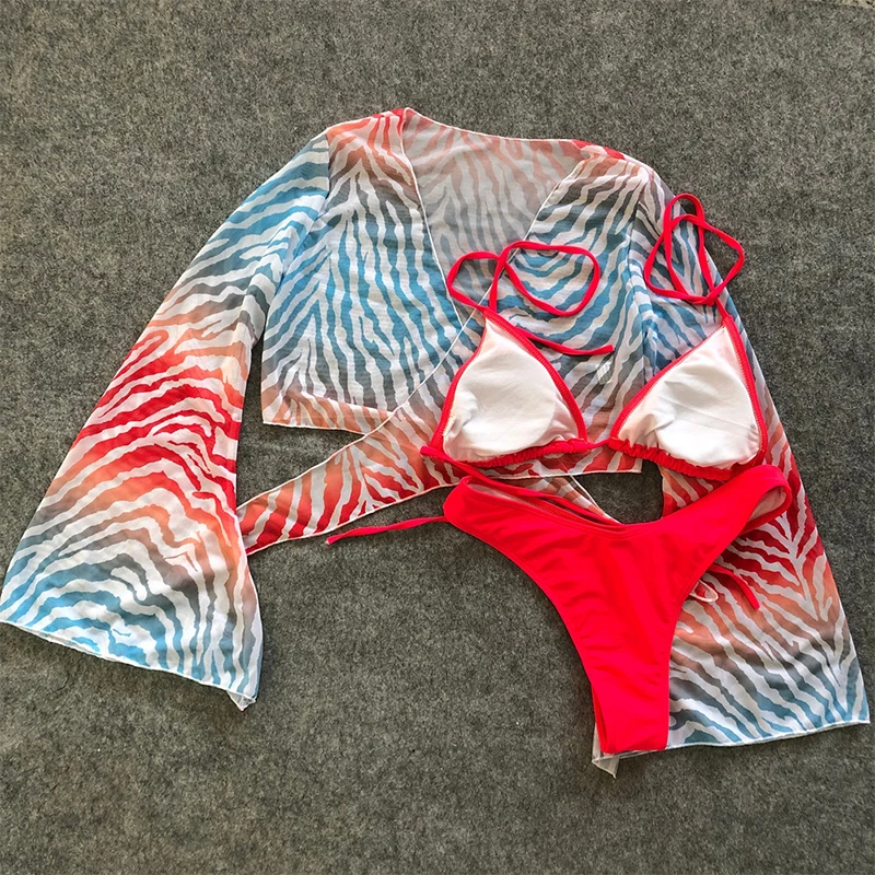 

2021 Sexy Three Pieces Bikini Set Bell Sleeve Bikini Cover Up Swimwear Women Swimsuit Print Bathing Suit Beachwear Swimming Suit