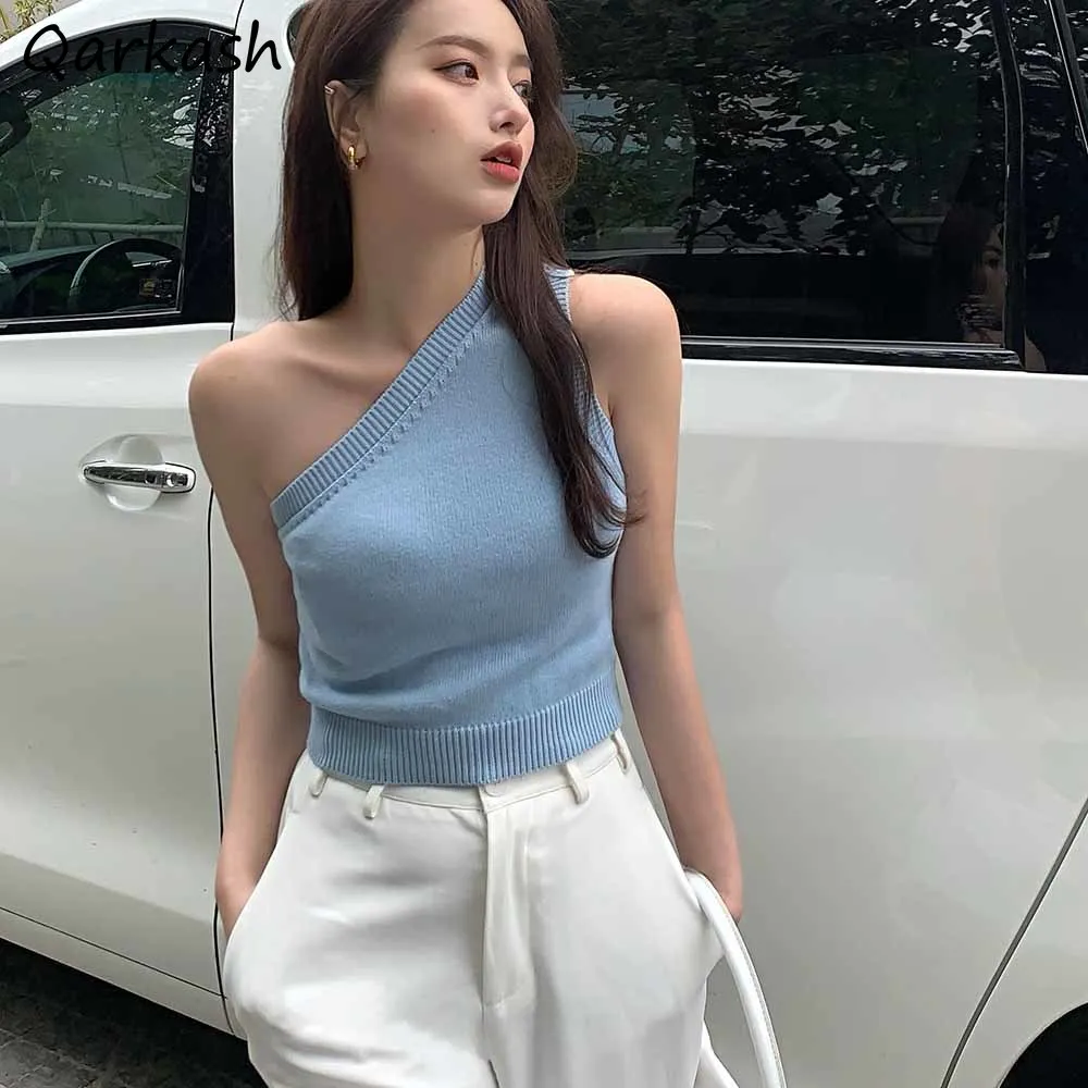 

Майки женские трикотажные Асимметричные укороченные летние модные облегающие однотонные Клубные Популярные топы Ulzzang универсальные для к...