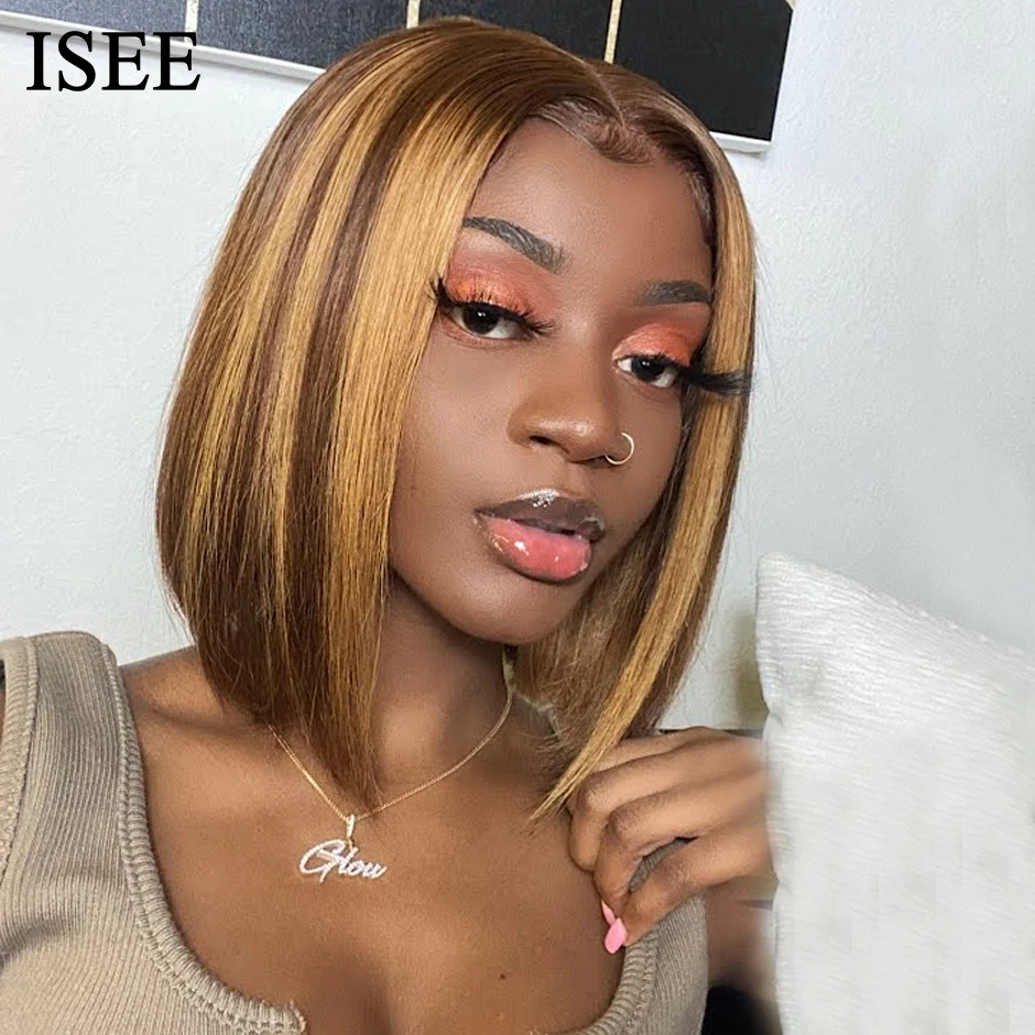 

ISEE HAIR Highlight Bob Wig Malaysian Straight Lace Closure Human Hair Wigs Short Bob Ombre Hair Wig Lace front Wig for Women