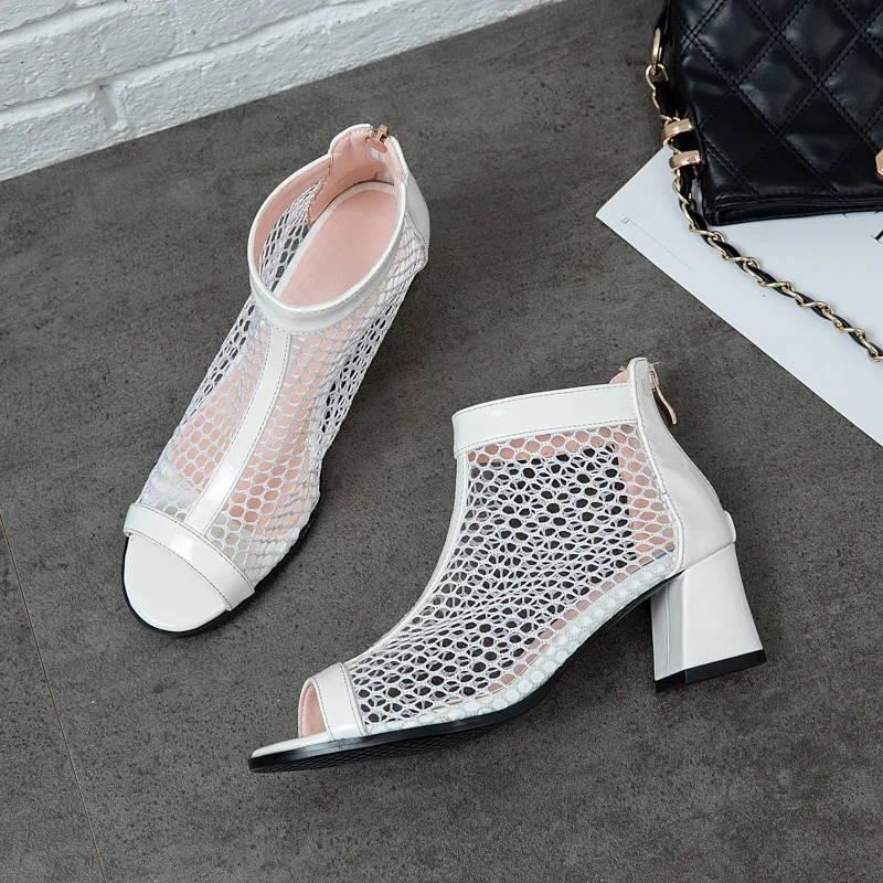 

New Women's Summer High Heels Sandals Arrivals Modern Air Mesh Sweet Style Antislip Square Solid Zipper Casual Laies 5cm Rubber