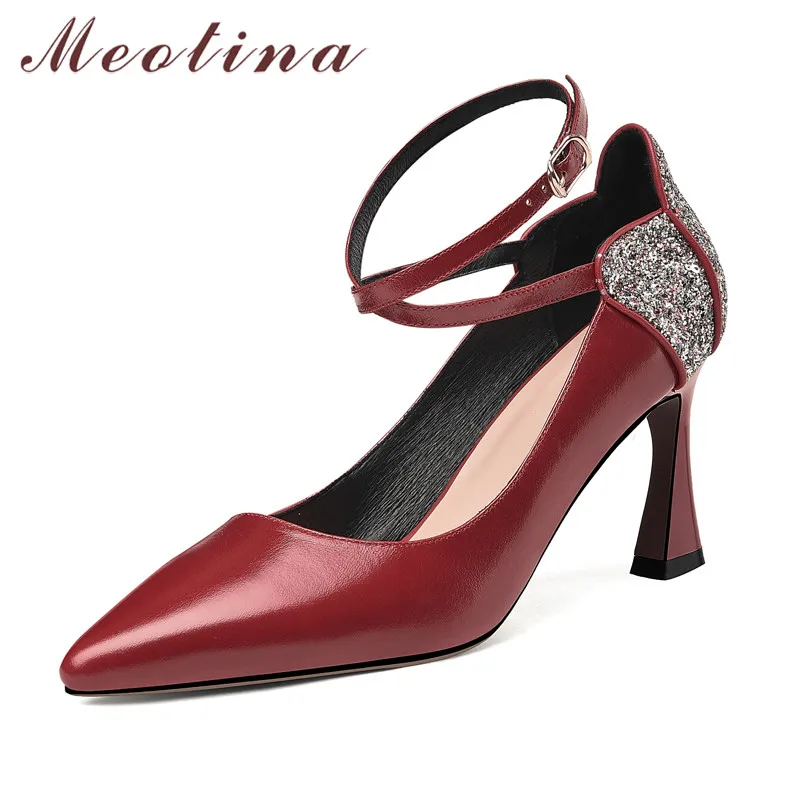 

Meotina Cross Tied High Heel Pumps Women Genuine Leather Pointed Toe Fashion Party Shoes Bling Stiletto Heels Buckle Footwear 40