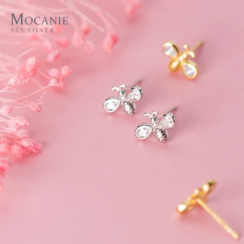 

Mocanie Clear CZ Cute Insect Tiny Bee Sterling Silver 925 Anti-Allergy Stud Earring for Women Mini Ear Pin Fine Jewelry Bijoux