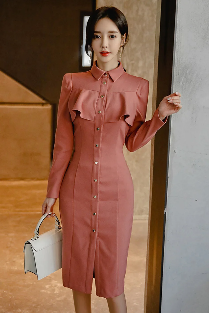 

2020 autumn new Korean retro temperament shirt collar long sleeve waist single breasted bag hip mid-length dress