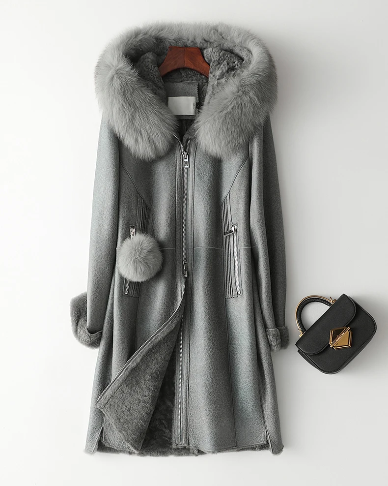 New Arrival Real Sheepskin Lady Coat With Fox Fur Collar With Long Sleeve Zipper Elegent Style Thick Warm Fur
