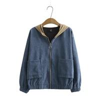 autumn korean fashion bomber jacket women corduroy vintage zipper cropped coat female 2021 college loose zip hooded street black