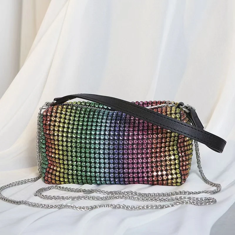 

New Luxury Designer Rainbow Rhinestones Handbag Women Diamond Shoulder Crossbody Bag Ladies Clutches Purse Messenger Evening Bag