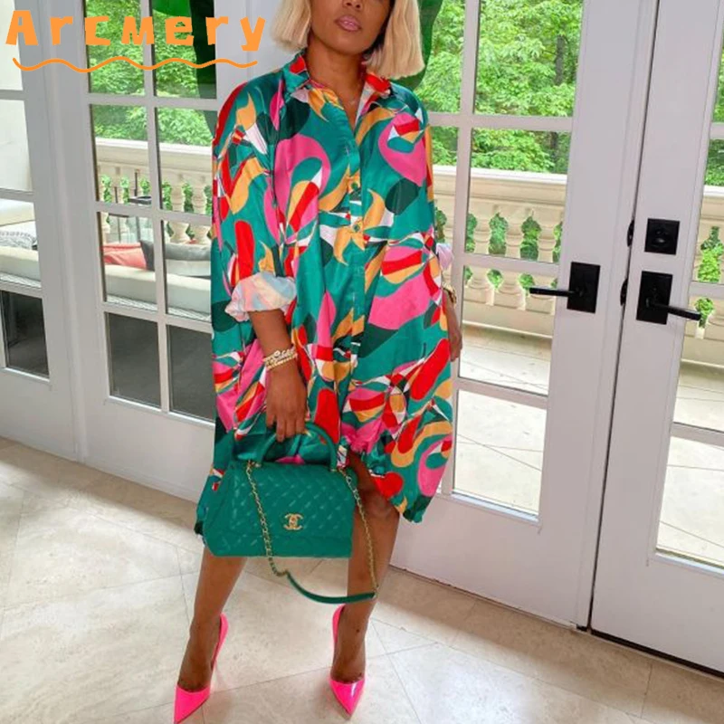 

Women Long Sleeve Printed Turn Down Collar Loose Style Shirt Dress