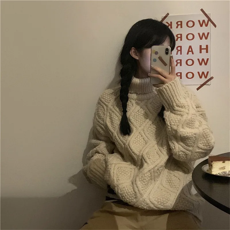 Shop1314 винтажный свитер с воротником-хомутом и ромбовидным узором, Женский Повседневный свободный Зимний пуловер с длинным рукавом, женский толстый джемпер, топы
