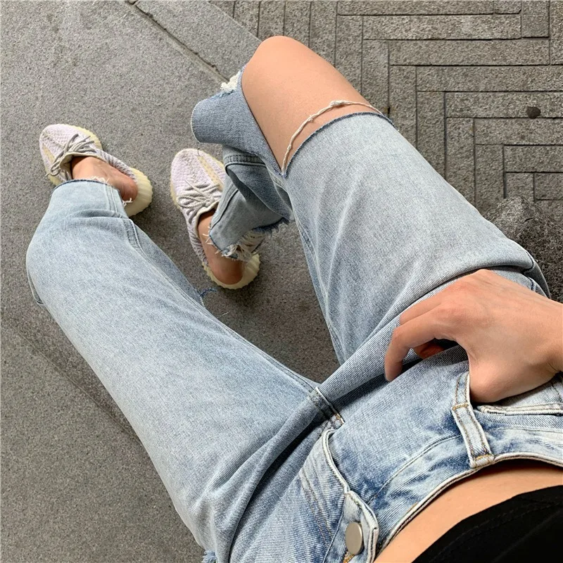 

New Fashion Summer Ripped Jeans Women High Waist Hole Ankle-Length Pants Female Streetwear Tassel Straight Jeans Pant Blue