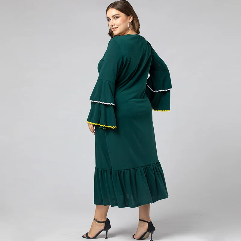 

Plus Size Woman Dress Flare Sleeve Draped Ruffle Skirt V-Neck Loose Mid-Calf Dresses for Women