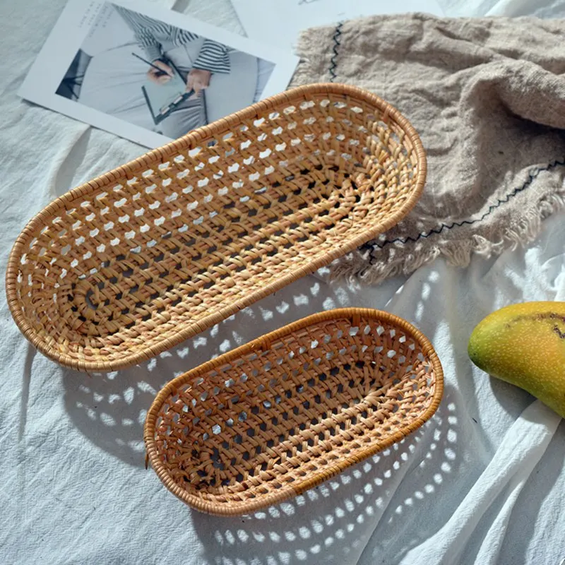 

Hand-woven Bamboo Storage Basket Fruit Candy Dish Rattan Bread Basket Kitchen Food Picnic Sundry Container 8