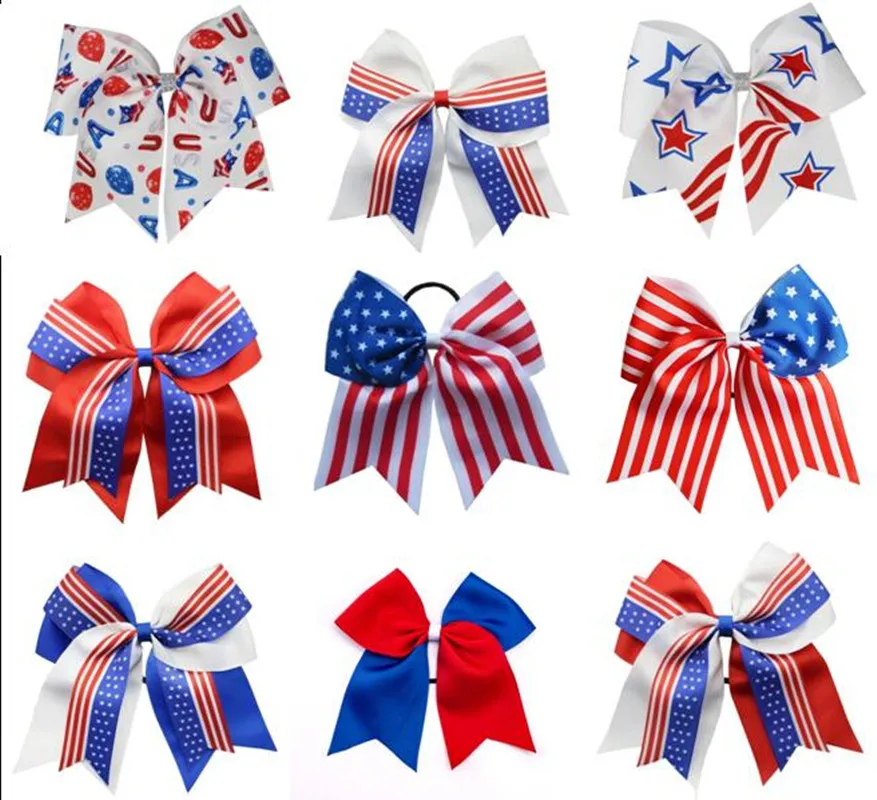 

Free match Baby Girl cheer bow Patriotic 4th of July American Independence Day 7inch Hair Bow With Clip OR Elastic band 2PCS