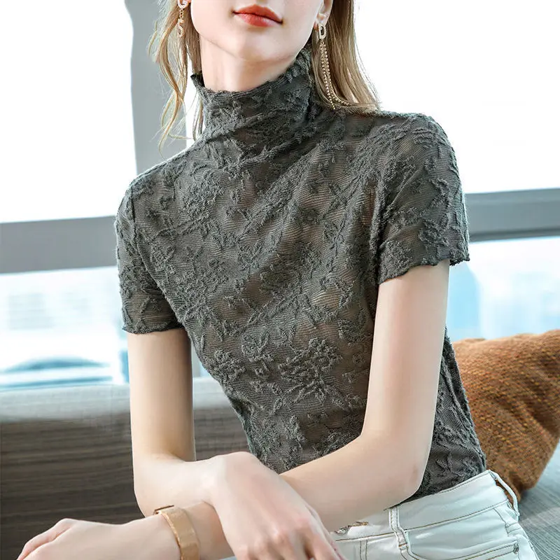 Turtleneck bottoming shirt women's spring women's 2021 new slim micro-transparent floral lace shirt short-sleeved top