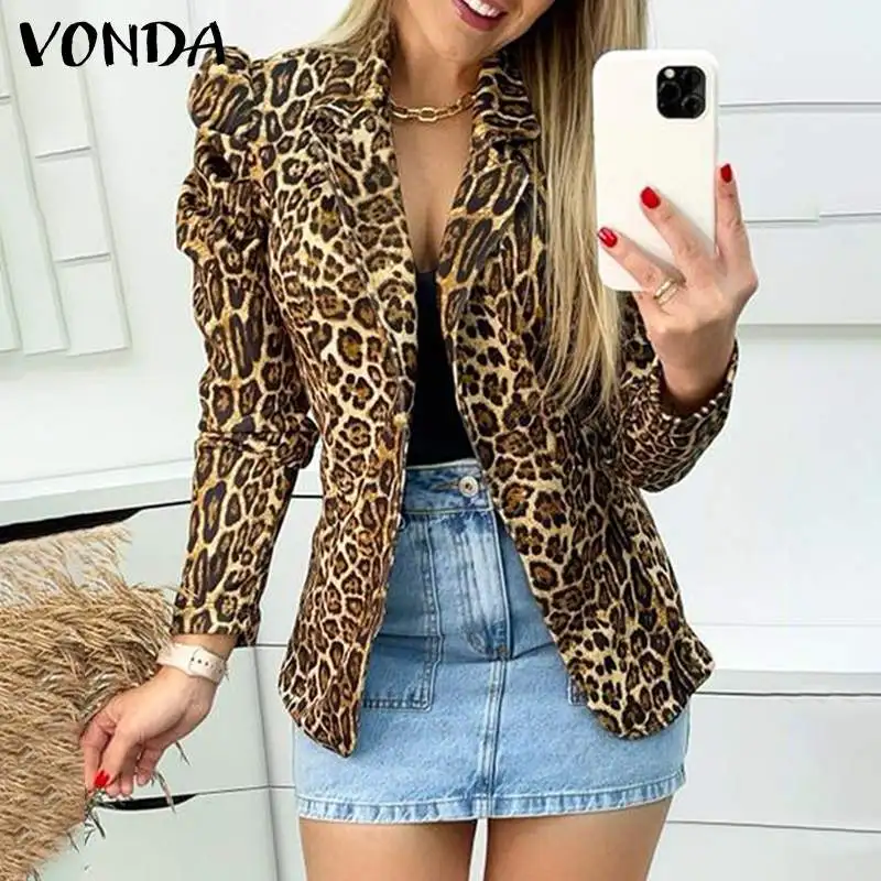 

Autumn Leopard Printed Coats VONDA 2021 Office Formal Jackets Vintage Long Sleeve CoatsOuterwear Veste Femme Overcoats Female