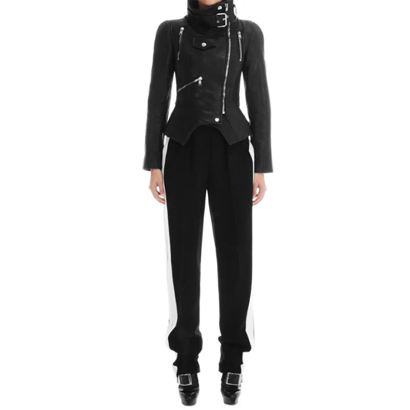 

Zipper Faux Leather Coat Black Fashion Punk Jacket Pockets Womens Leather Jacket Gothic Black Coat 2020 Mandarin Collar