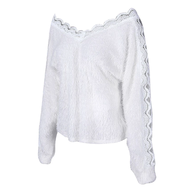 

Sexy V Neck Lace Hollow Knit Sweater Autumn Winter Long Sleeve Pullover Tops Elegant Women White Jumper Pull Femme Free Shipping