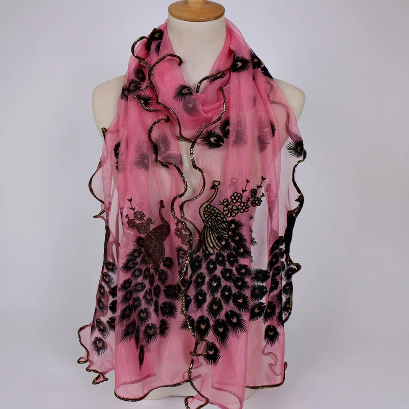 Женский кружевной шарф с кисточками гибкий бронзовым рисунком|Женские шарфы| |