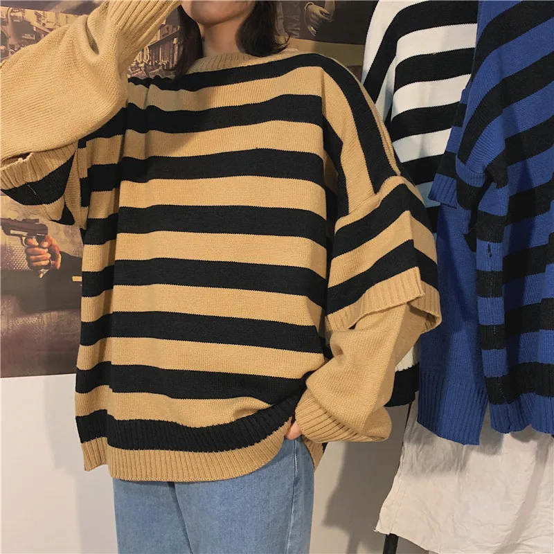 LAPPSTER Men Harajuku Oversized Sweater Fall Pullover Man Fake Two Pieces Streetwear Sweater Korean Fashion Striped Clothes