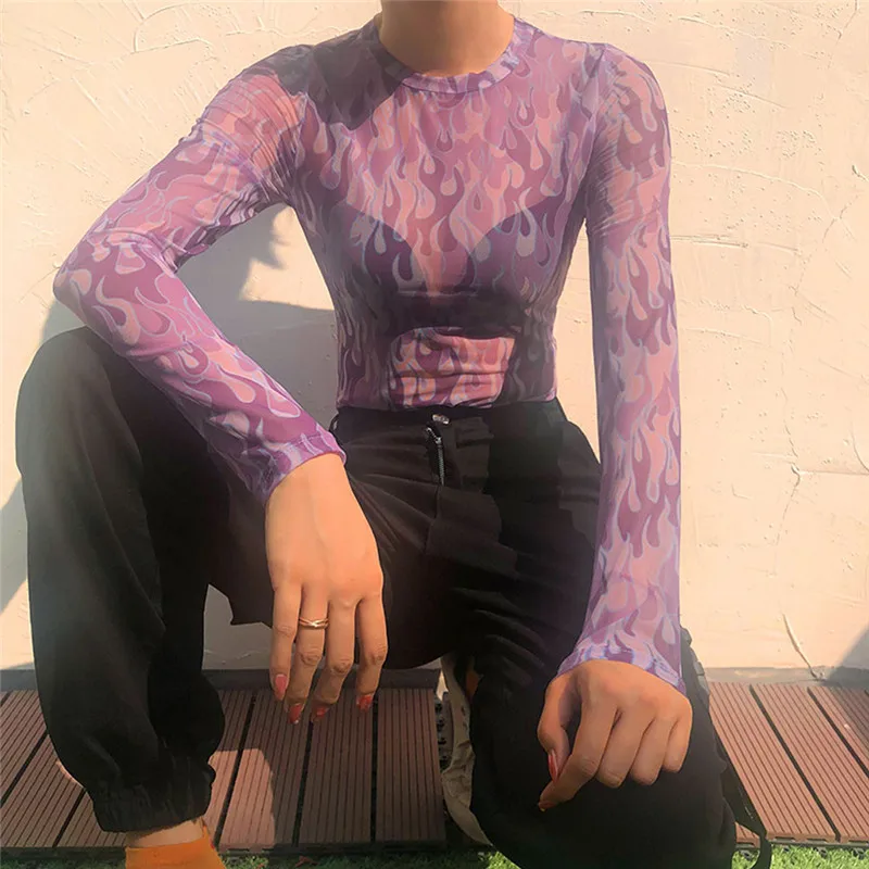 Сексуальная Сетчатая футболка с неоновым огненным принтом женская прозрачная