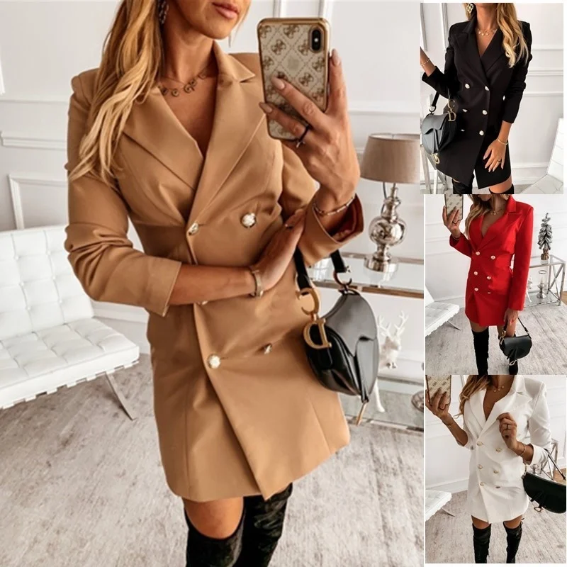

2021long Sleeve Solid Double Breasted Thin Blazer Dress for Women in Autumn and Winter of