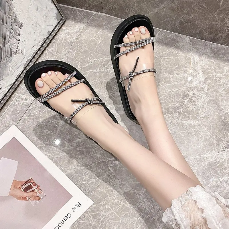 

Шлепанцы женские на платформе, узкие ремешки с кристаллами, открытый носок, толстая подошва, сланцы, повседневные, бежевые, черные, лето 2021