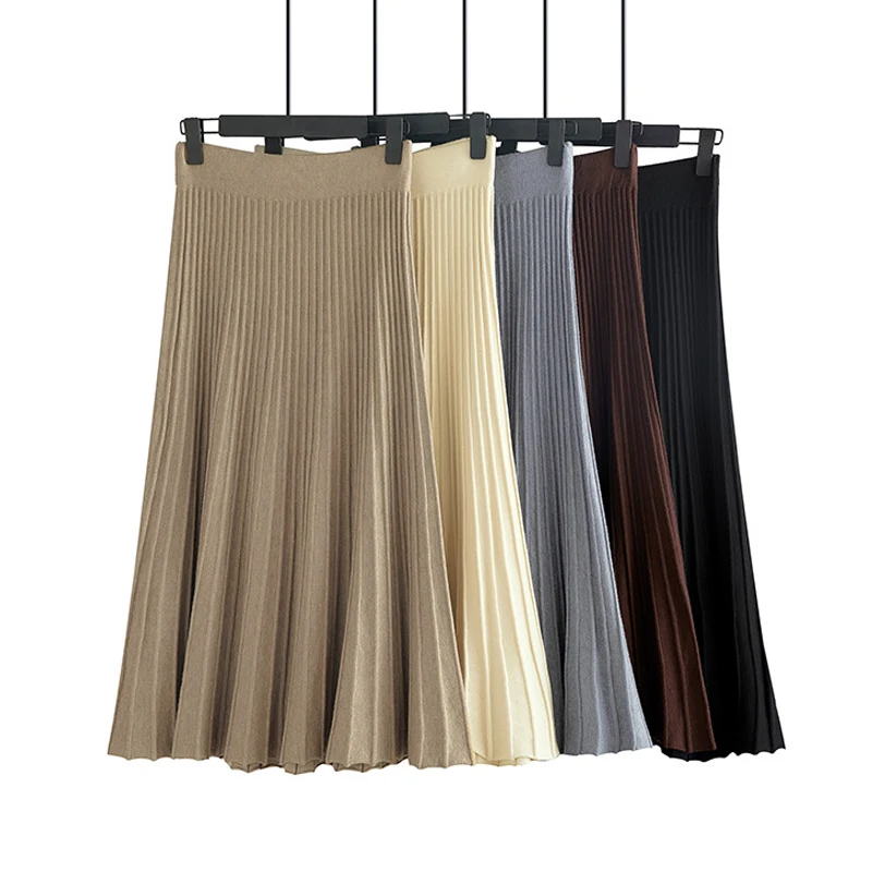 

FAKUNTN Vertical Striped knitted Women Sweater Skirt Elastic Band Pleated Midi Skirts Chic High Waist A-line Skirts Female