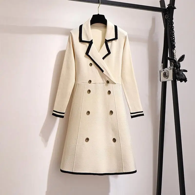

Plus Size Women Knitted Blazer Dress Turn-down Collar Winter A-Line Office Knitting Dress Vinatge Office Lady Work Sweater Dress