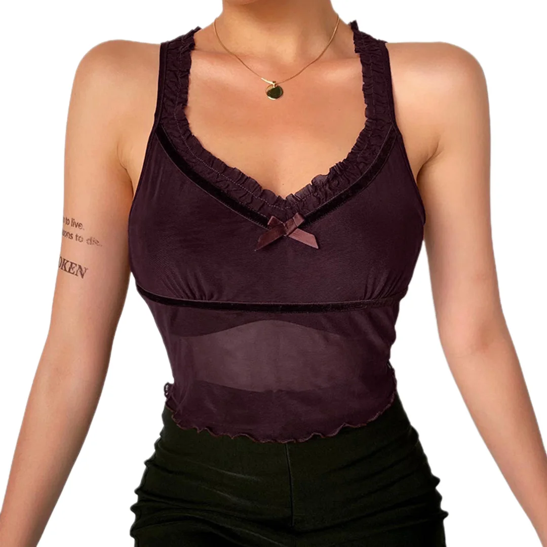 Женская сексуальная майка с бантом v образный вырез без рукавов кружевная тонкая