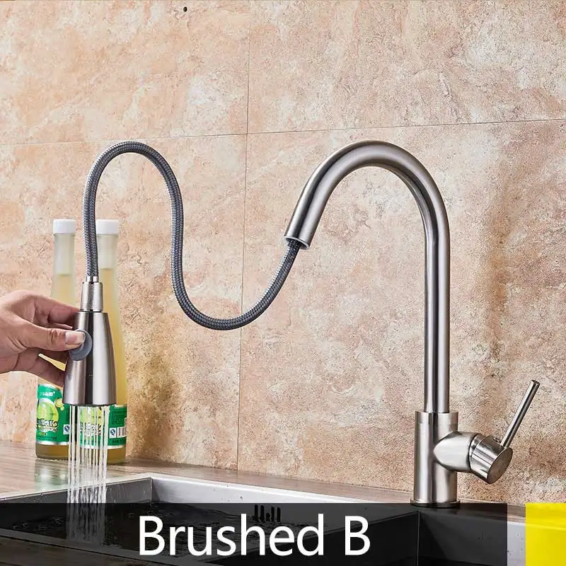 chrome brushed orb Pull Out Kitchen Faucet Silver Single Handle Nickel Kitchen Tap Single Hole Handle Swivel Sprayer Water Mixer - Цвет: brushed B