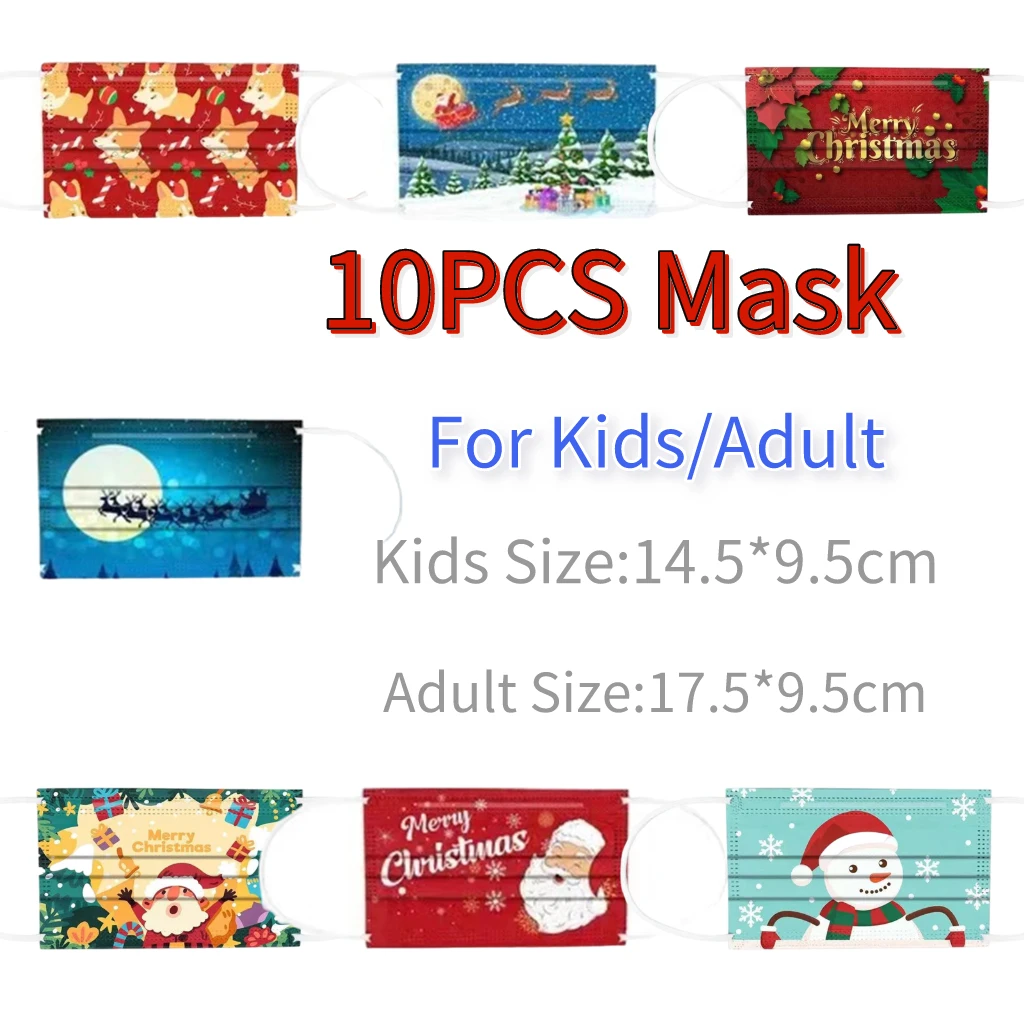 

10PC Santa Claus Face Mask mascarillas niños Children's Adult Breathable Mask For Face 3 -layer Prints Masque Halloween Cosplay