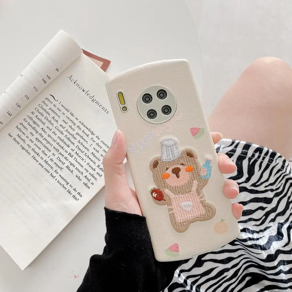 

Embroidery Food Bear For Huawei P30 40Pro Case Silk pattern Cute mobile phone Accessories For iPhone Mate30 Pro Protector Cover