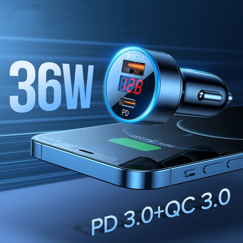 

36W USB Mini Display Car Charger PD QC3.0 Smart Phone Fast Charging Adapter For iPhone 12 Pro Max 12 Xiaomi 11 10 Huawei P40 P30